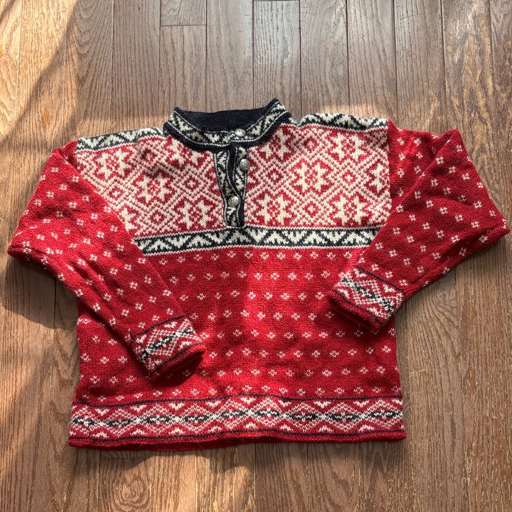 L.L. Bean Red and Cream Nordic Crewneck Sweater